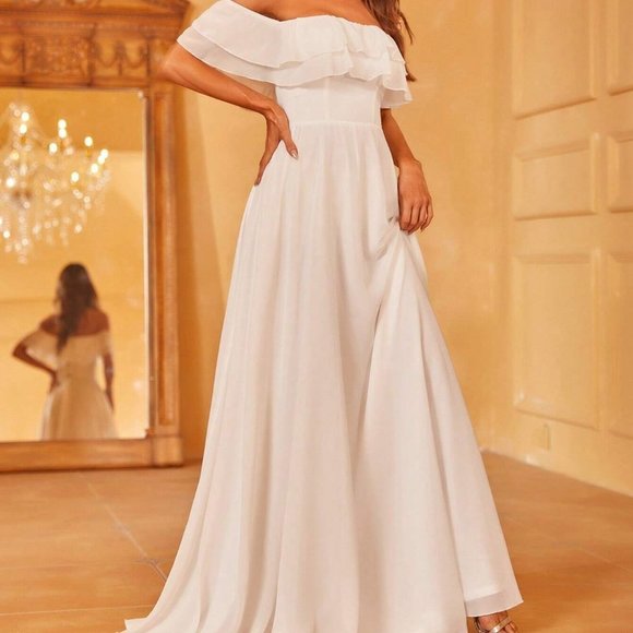 White Boho Womens Off Shoulder Ruffle Trim Chiffon Wedding Dress - Picture 4 of 4